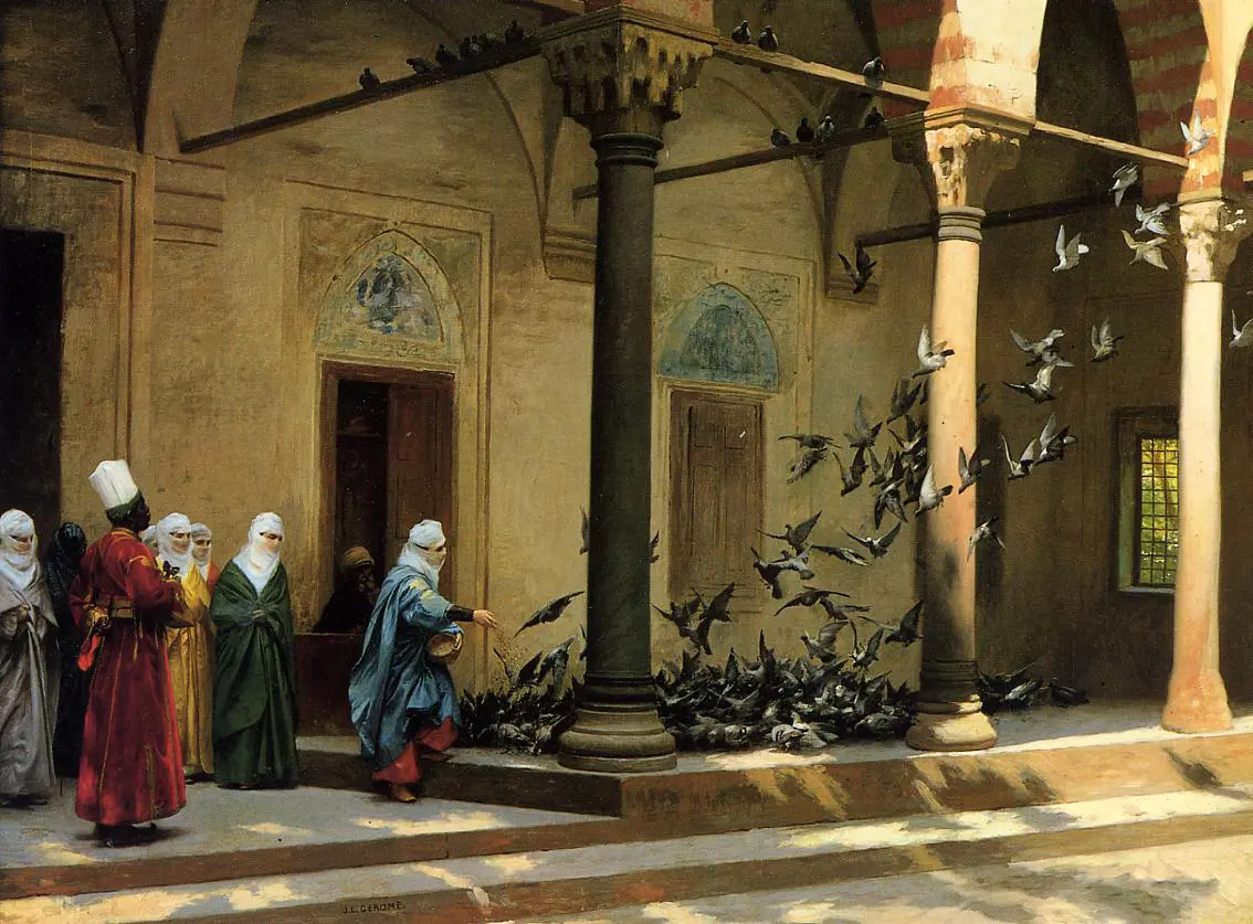 harem-women-feeding-pigeons-in-a-courtyard-1894-by-jean-leon-gerome