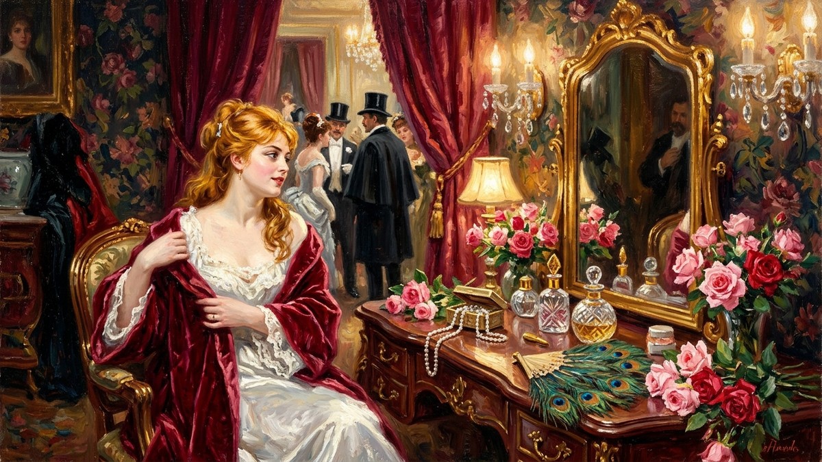 Emile Zola Nana romanı için Paris tiyatro kulisinde ayna karşısında Nana ve 19. yüzyıl atmosferi